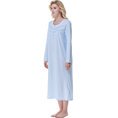 Keyocean Nightgown For Women, Soft 100% Cotton Lightweight Comfy Long Sleeves Mid-Calf Length Ladies Sleeping-Gown, Light Blue, Medium #TOP6