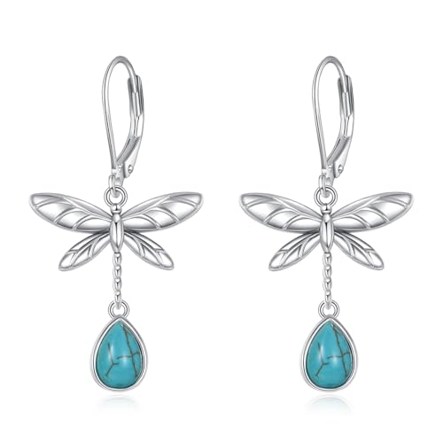 Boucles d'oreilles libellule argent 925 et turquoise véritable, cadeau femme