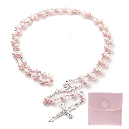 Rosenkranz Katholisch 1Rosenkranz Kette Rosary Necklace Rosenkranz Kommunion Mädchen Kunstperlen Katholische Rosenkranzperlen Retro-Kreuz mit Samt Geschenkbeutel Taufe Kommunion Hochzeit/Party (Rosa)