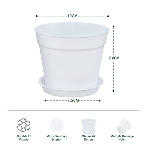 FORAGIFT 10cm Small Plant Pots, 24 Pack Plastic Herb Pot with Drainage Hole and Tray, Seed Seedling Pots Flower Nursery Pots for Vegetables, Flowers, Cactus, Cuttings, Succulent, White