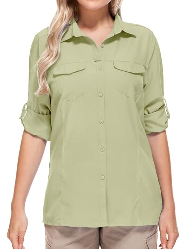Women's UPF 50 Long Sleeve Safari Shirts Sun Protection Quick Dry for Hiking Camping Fishing Teen Girl Shirts Khaki