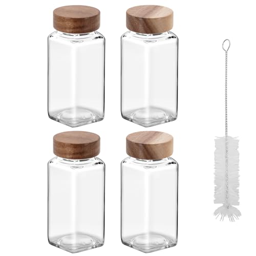 eispap 4Pcs 4oz Glass Spice Jars with Shaker Lids, Spice Jars Trial Set & Supplement Set, Empty Spice Containers and Square Spice Bottles for Kitchen (Wooden Lids)