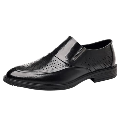 Men's Hollow Formal Leather Shoes, Breathable Slip-On Pointed Toe, Burnished Toe, Non-Slip Block Heel, Low Top Business Dress Shoes
