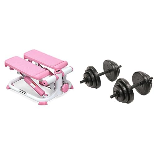 Sunny Health and Fitness Exercise Stepping Machine, Portable Mini Stair Stepper + Exercise Vinyl 18 KG Dumbbell Set Hand Weights for Strength Training, Weight Loss, Workout Bench