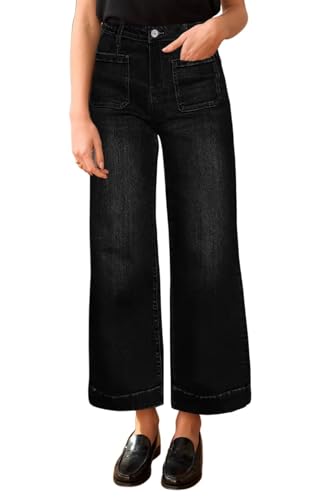Allimy Women's High Waisted Cropped Wide Leg Jeans Stretchy Loose Denim Pants with Front Patch Pockets