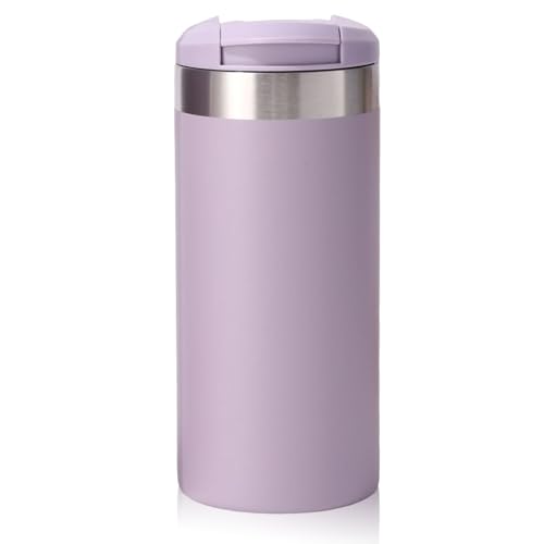 Insulated Travel Mug 350ml, Leakproof Stainless Steel Thermal Cup with Flip Lid - Keeps Hot 8 Hours/Cold 12 Hours, Vacuum Flask for Car, Office, Gym, Camping (Purple)