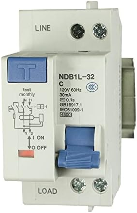 ASI NDB1L-32C-20-120V DIN Rail Mount Ground Fault Circuit Breaker, UL 1053 Ground Fault Sensing, Leakage Current 30 mA, 20 amp, 120V