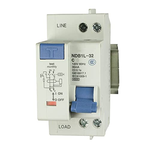 ASI NDB1L-32C-20-120V Ground Fault Circuit Breaker DIN Rail Mount, 20A, 120V AC, 1 Pole + Neutral Pole