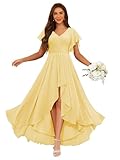 Dessiny Plus Size Short Sleeves Hi-Low Bridesmaid Dress for Women 2025 Long V Neck Yellow Flowy Chiffon Pleated Bridesmaid Dresses Backless US12