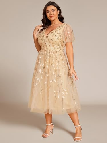 Image of Ever-Pretty Womens Embroidered Tulle Plus Size Cocktail Evening Party Dress A-Line Midi Wedding Guest Dresses for Curvy Women