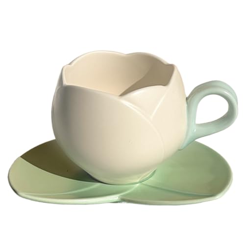 Taza de té de flores, taza de tulipán con platillo, 10 oz/300 ml de taza de té de flor de cerámica con mango, taza de café de flores de forma irregular, taza de flores para lavavajillas caseras de of