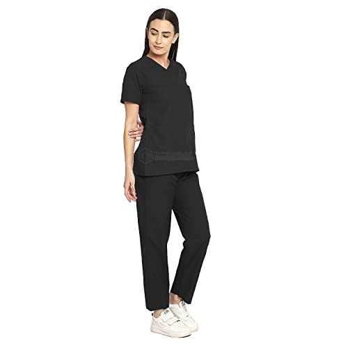 Image of IS IndoSurgicals Faux Wrap Scrub Suits for Doctors Women OT Dress (S, Black)