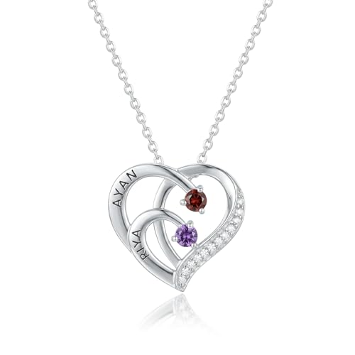 Image of TRUESILVER ACPL 925 Sterling Silver Personalized Photo Necklace for Women | Custom Couple Heart Pendant with Name Date & Birthstone | Engraved Picture Necklace Gift for Wife Mother Anniversary Birthday