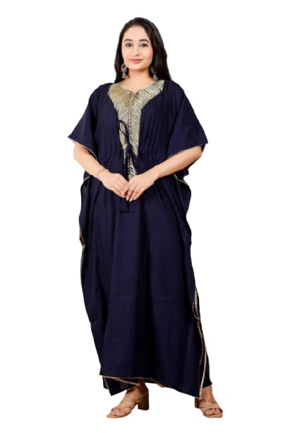 “Midnight Blue Women’s Rayon Kaftan | Golden Leaf Embroidery, Adjustable Waist.-image-9
