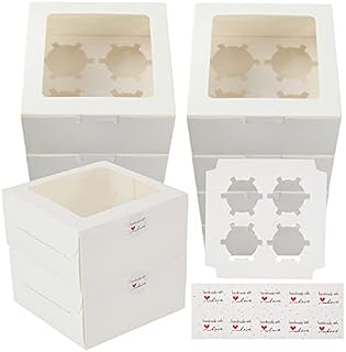 Arnech 10 Pack Cupcake Boxes with Inserts Hold 4 Standard Cupcakes, White Bakery Boxes Food Grade Kraft Cupcake Container for Muffins, Pastries and Cookies