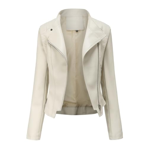 YYNUDA Blouson Cuir Biker Revers Veste Motard Femme Jacket Bombers Aviateur Léger Manteau Moto Printemps/Automne Beige XXL