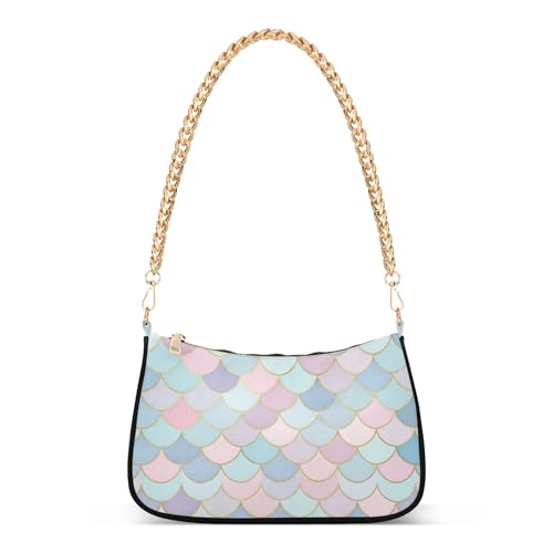 Watercolor Mermaid Scales Pink Ladies Shoulder Bag Floral for Women Hobo Purse Bags Moon Tote Handbag Zipper Closure