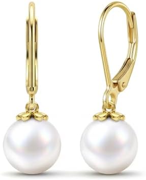 Women's Pearl Drop Dangle Earrings, 14K Gold Plated Sterling Silv...