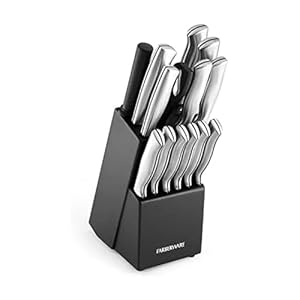 FARBERWARE 15-Piece Kitchen Knife Set with High-Carbon Stainless Steel Blades, Black Handles, Steak Knives, Wood Block, Razor Sharp and Ergonomic
