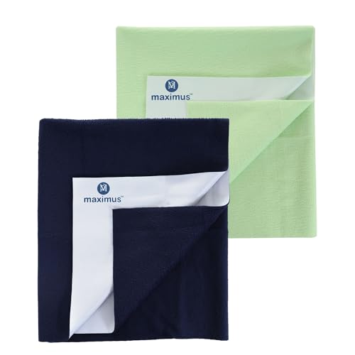 Image of Maximus Waterproof Quick Dry Sheet for Baby Pack of 2 | Bed Pad Extra Absorbent Washable Matress Protector | Baby Bed Protector Sheet for Toddler Children (140x100 cm) (Navy Blue and Green, Large)