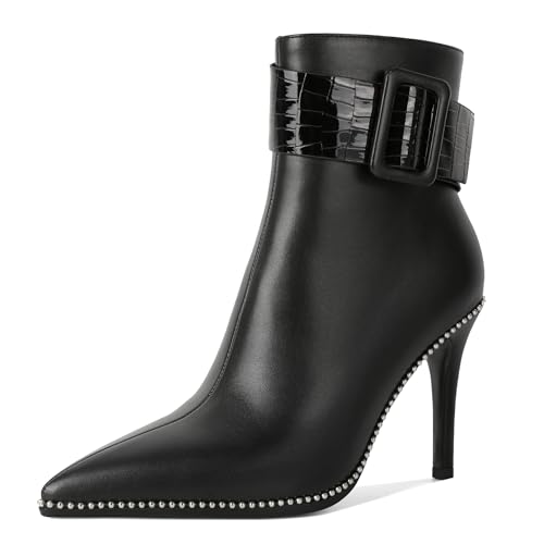 Mettesally Womens Ankle Boots Pointed Toe High Heel Stiletto Beaded Boots for Women Size Zipper Fall Booties 3.8 Inches Black US8