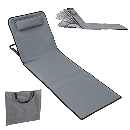 Jopassy Matelas de Plage, Tapis de Plage, Chaise Longue Pliable et léger rembourré, Dossier réglable sur 3 Niveaux, avec Oreiller et Compartiment de Rangement, Portable, pour Le Camping, Gris