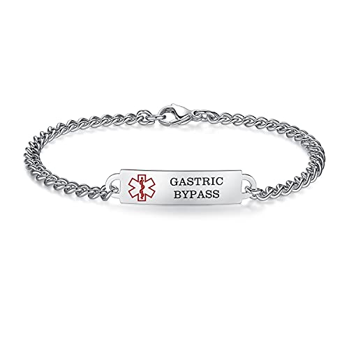 AOAMID 6.5"-8.5" Medical alert id bracelets for Women Men Stainless steel Medical Emergency Bracelets Free engraving gastric bypass(Steel-6.5")
