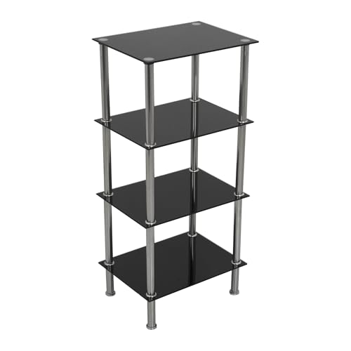 AVF S44 Square Shelving Unit - 4 Tier Black Safety Glass Shelves with Chrome Legs, Storage Unit, Display Shelving, 5kg Max Shelf Weight