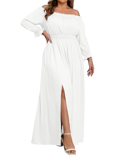 Image of Holipick Women's Off The Shoulder Boho Dress Plus Size Floral Smocked Waist Split Summer Maxi Sundress with Pockets