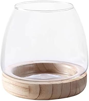 Wnvivi 7.7 Inch Clear Glass Fish Bowl with Wooden Base,Mini Fish Tank Hydroponic Flower Vase,Round Glass Bubble Bowl Fishbowl Vase for Living Room Decor