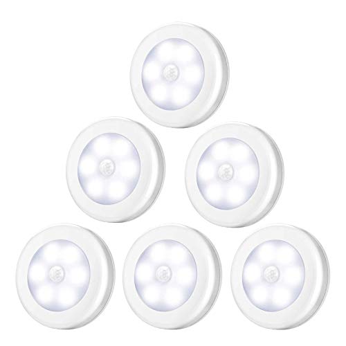 Bainuojia Luz de Noche con Sensor de Movimiento, Luces Nocturnas 6 LED de Pilas con Almohadillas Adhesivas y Imán Integrado, Auto En/Apagado, Perfecto -6 Concha Blanca Luz Blanca