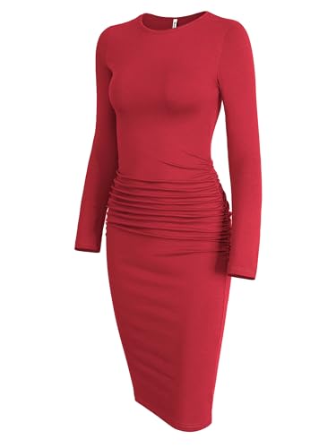 Image of Missufe Women's Long Sleeve Slim Ruched Bodycon Dress 2025 Trendy Fall Casual Round Neck Sheath Knee Length Outfits Clothes