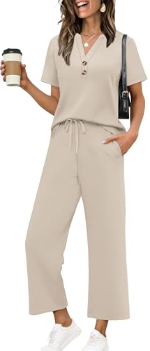 OFEEFAN Vacation Outfits for Women 2 Piece Sets Travel Cruise Outfit Resort Wear for Women 2026 Wide Leg Crop Pants Sets Beige L