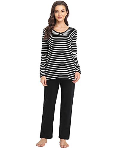 Pyqian Pijamas Mujer Invierno Larga Algodón,Rayas Conjunto de Pijamas Mujer Suave Manga Pantalones Larga Cuello en V con Bowknot Cover