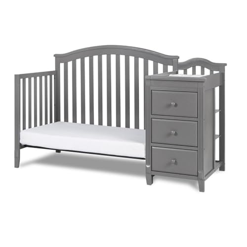 Image of Pemberly Row 4-in-1 Convertible Crib & Changer, Solid Pine Wood, Gray Finish, Changing Table with 3 Drawers and Shelves, Adjustable Mattress Support, Converts to Toddler Bed /Daybed /Full-Size Bed