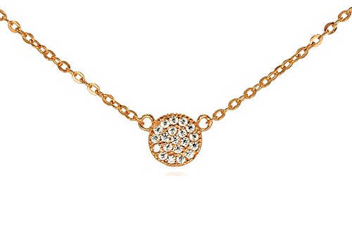 GlitterLounge Tiny CZ Pave Circle Disk Necklace .925 Sterling Silver Rose Gold Tone 16