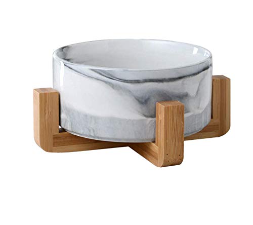 cjixnji Cuenco de cerámica para mascotas para comida y agua, con borde de silicona antideslizante para perros pequeños, medianos y grandes, con soporte de madera