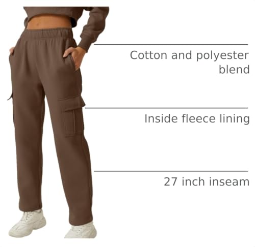Image of QINSEN Baggy Medium Waist Elastic Sweatpants for Womens Casual Long Fleece Cargo Pants with Pockets