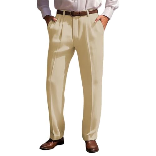 Men’s Linen Leisure Dress Pants Pleated Summer Casual Pants Loose Fit Breathable Beach Vacation Pants Long