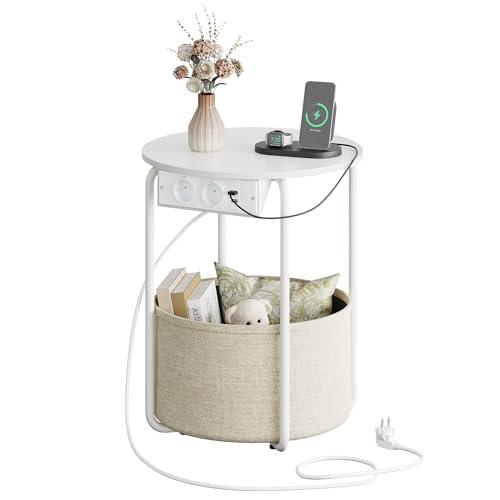 WLIVE Beistelltisch Rund mit Steckdose, Kleiner Couchtisch mit Korb aus Stoff, Runder Nachttisch mit Stahlrahmen, Sofatisch für Wohnzimmer...