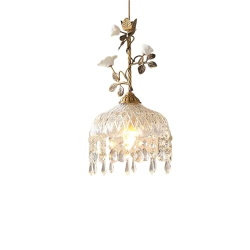 Suspension vintage en verre doré et lustre cristal floral