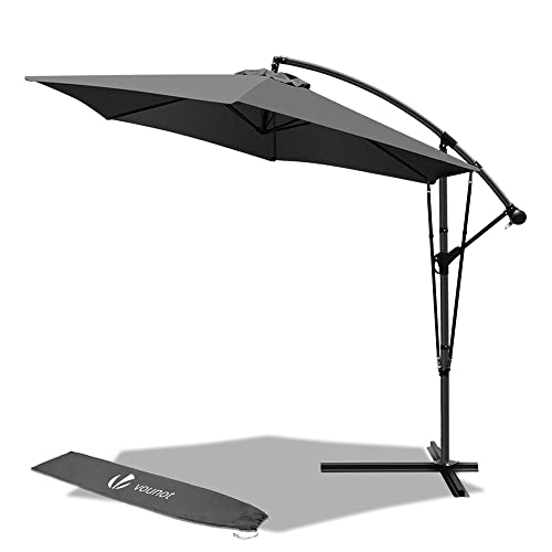 VOUNOT® 300 cm Parasol Excentrico, Sombrilla de Jardín con Manivela, Funda Protectora y Correa de Fijación, Protección UV, Gris