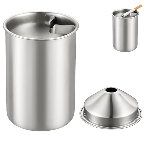 Image of NYRWANA Stainless Steel Windproof Ashtray with Lid | Rustproof, Easy-to-Clean Ash Holder for Smokers | Elegant Indoor Outdoor Ash Tray for Patio, Home, Office, Bar & Garden Use (Silver)