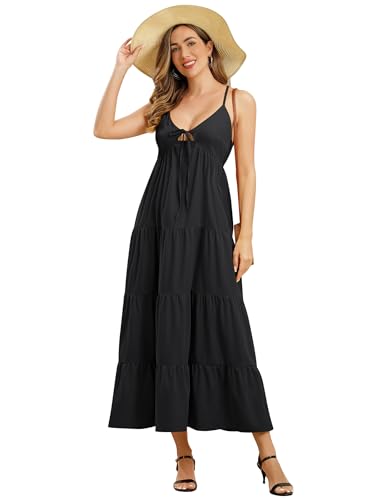 Robe longue d'été à bretelles spaghetti et volants noirs légers pour femme taille L