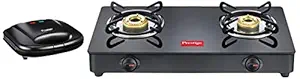 Prestige IRIS LPG Gas Stove, 2 Burner, Black, Powder coater Mild Steel with Glass Top, Manual & Prestige PGMFB 800 Watt Grill Sandwich Toaster with Fixed Grill Plates, Black