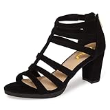 FSJ Women Chunky Mid High Heel Sandals Open Toe T-Strap Pumps Cutout Dress Party Office Shoes Elastic Back Zipper Size 8 Black