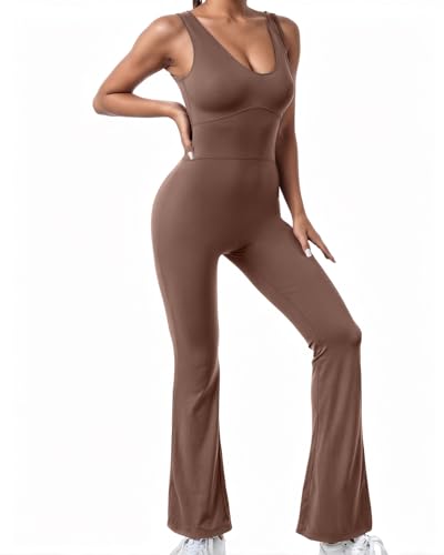 Tanou Sleeveless Jumpsuits for Womens Sexy Sweetheart Neck High Waist Casual Flared Leggings Jumpsuit Workout Bodysuits, Coffee