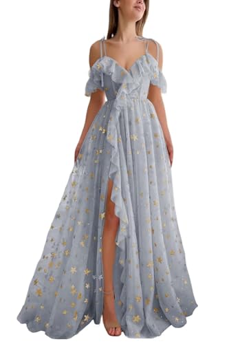 Eightale Tulle Cold Shoulder Long Sparkly Prom Dress Starry Ruffle Hem Slit Formal Party Dress