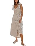 MISSACTIVER Cecelia Midi Dress for Women Summer Smocked V Neck Beach Dress Sleeveless Striped Flowy Long Dresses with Pockets Beige