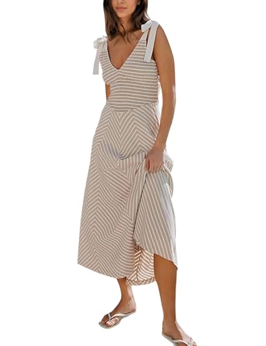 MISSACTIVER Striped Smocked Flowy Midi Dress for Women Summer Sleeveless V Neck Tie Straps Backless Beach Long Dresses